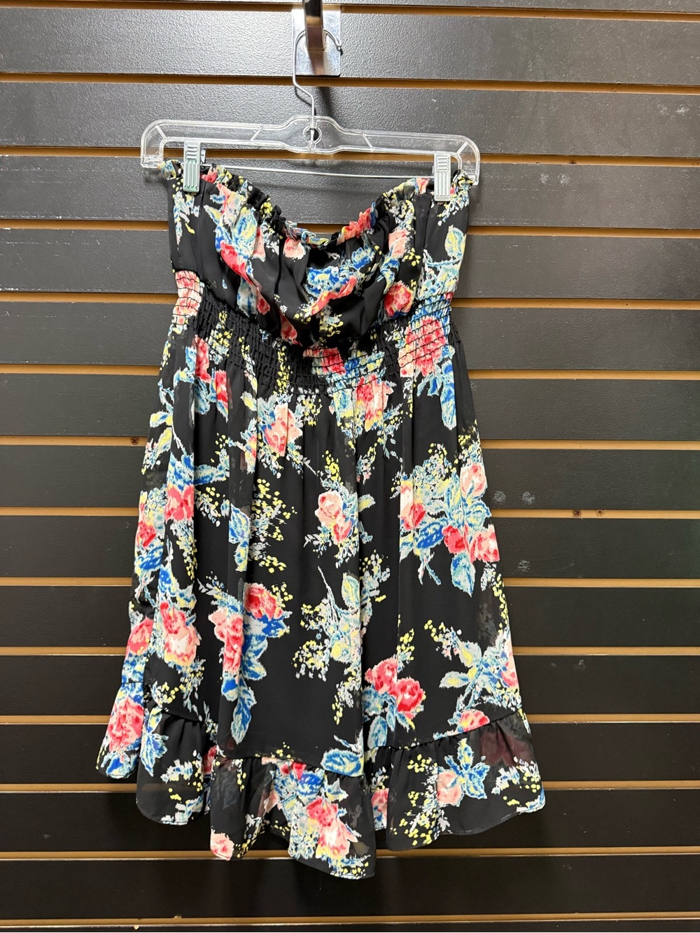 Forever 21 Small Black Floral Strapless Smocked Ruffle Mini Dress